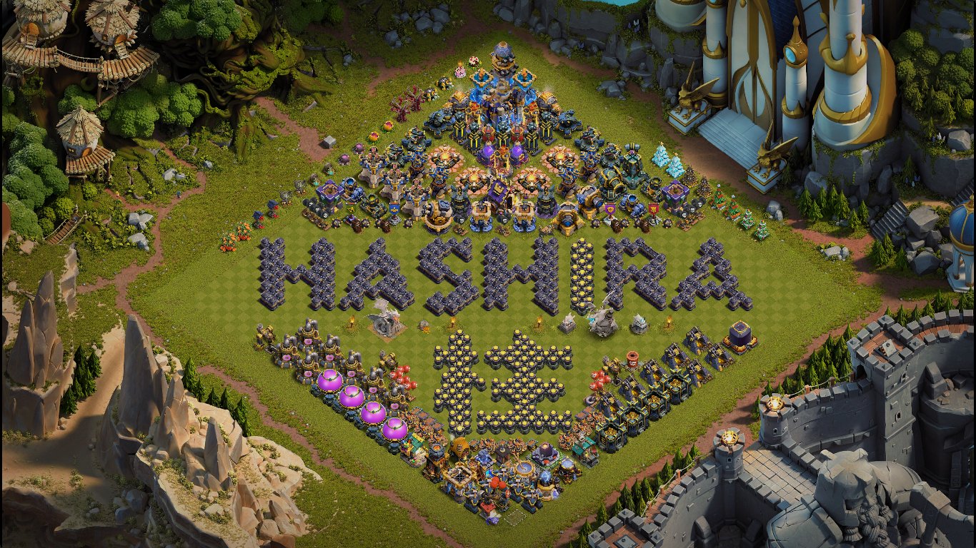 Layout personalizado com o nome HASHIRA feito nos muros do Clash of Clans